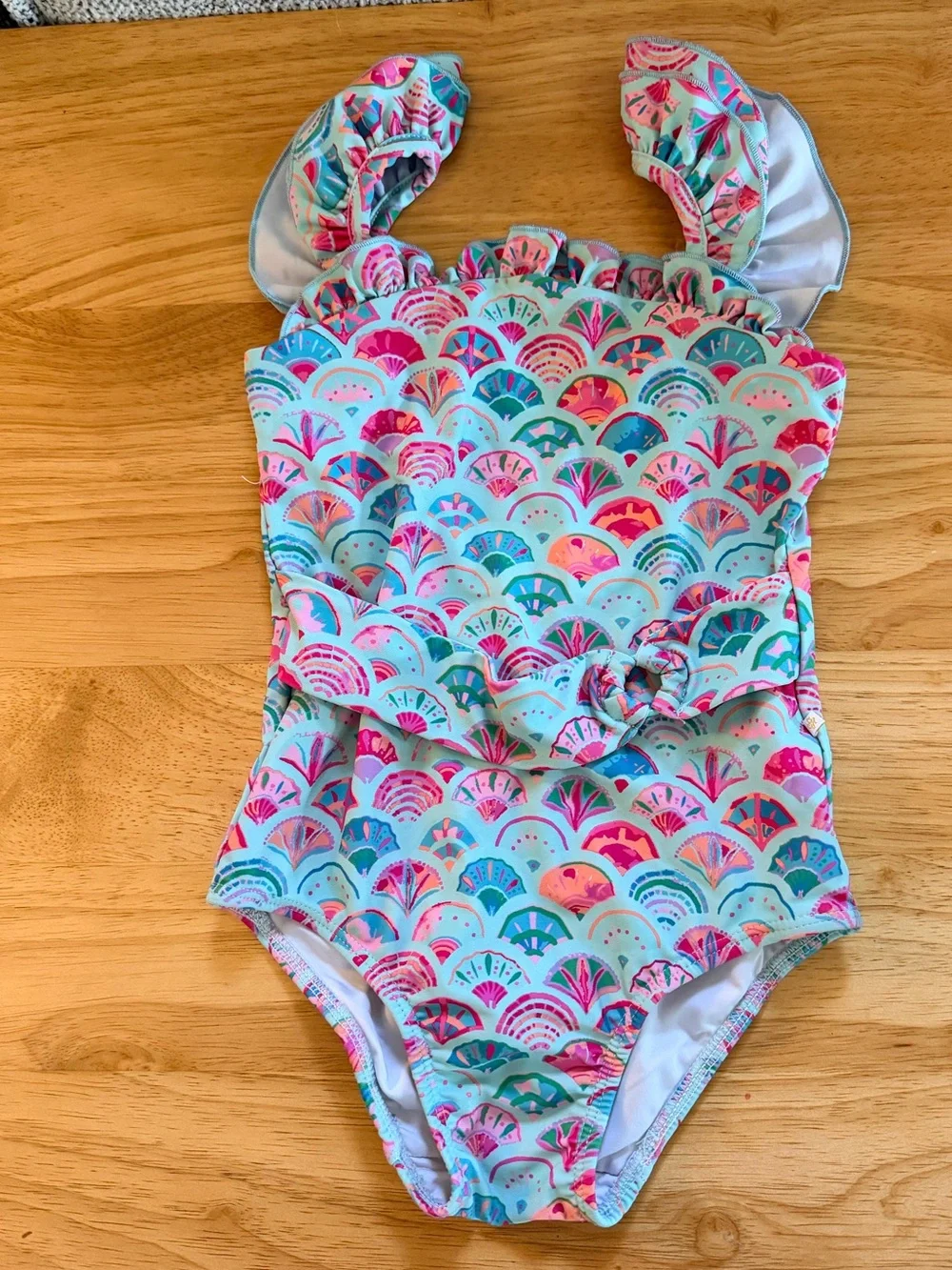 SweetHoney Seashell Aqua & Pink Ruffled Kids One-Piece Swimsuit